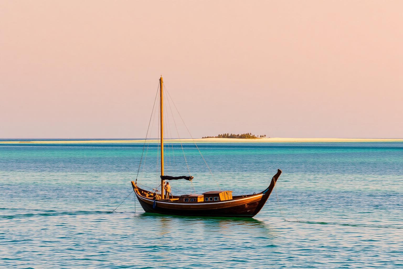 Zanzibar coastline at golden hour, with a traditional dhow anchored off a palm-fringed sandbank