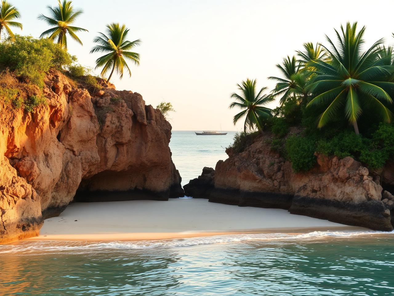 Mtende Beach in Zanzibar: a small empty cove framed by coral rock cliffs and palms