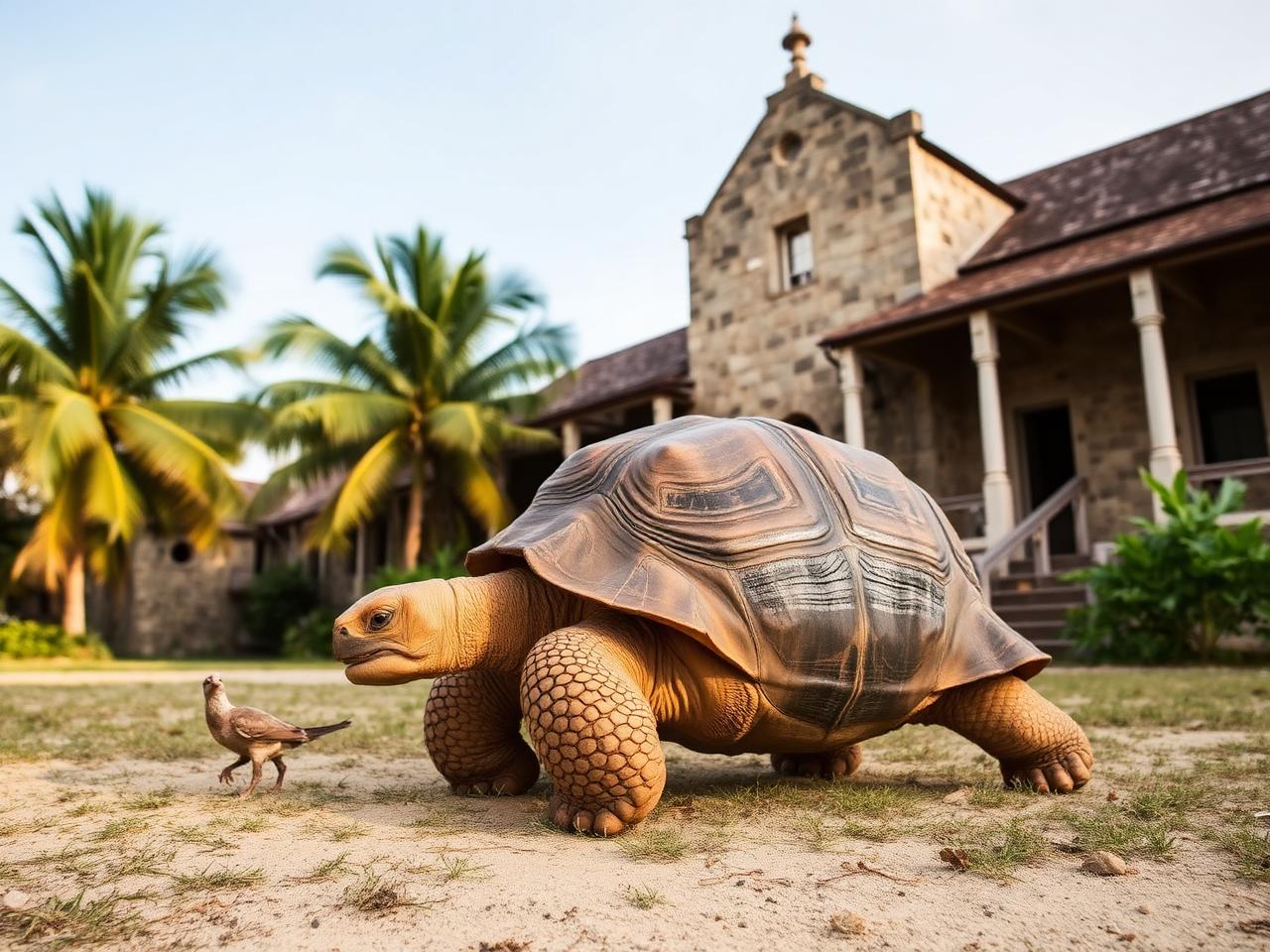Prison Island and Nakupenda in Zanzibar: a giant Aldabra tortoise beside the island's old stone buildings
