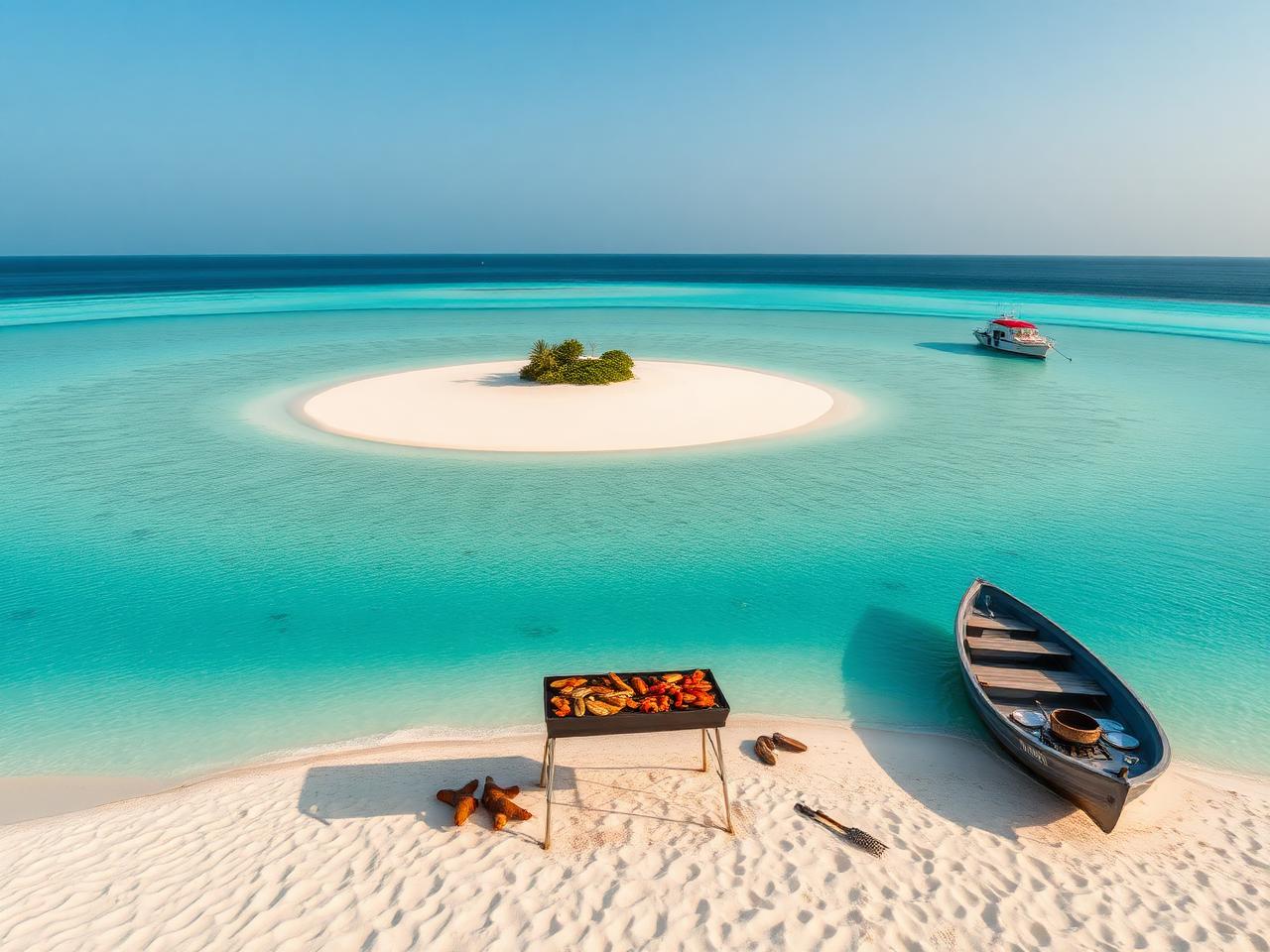Pungume Island private boat trip in Zanzibar: seafood grilling on a low-tide sandbank beside clear water
