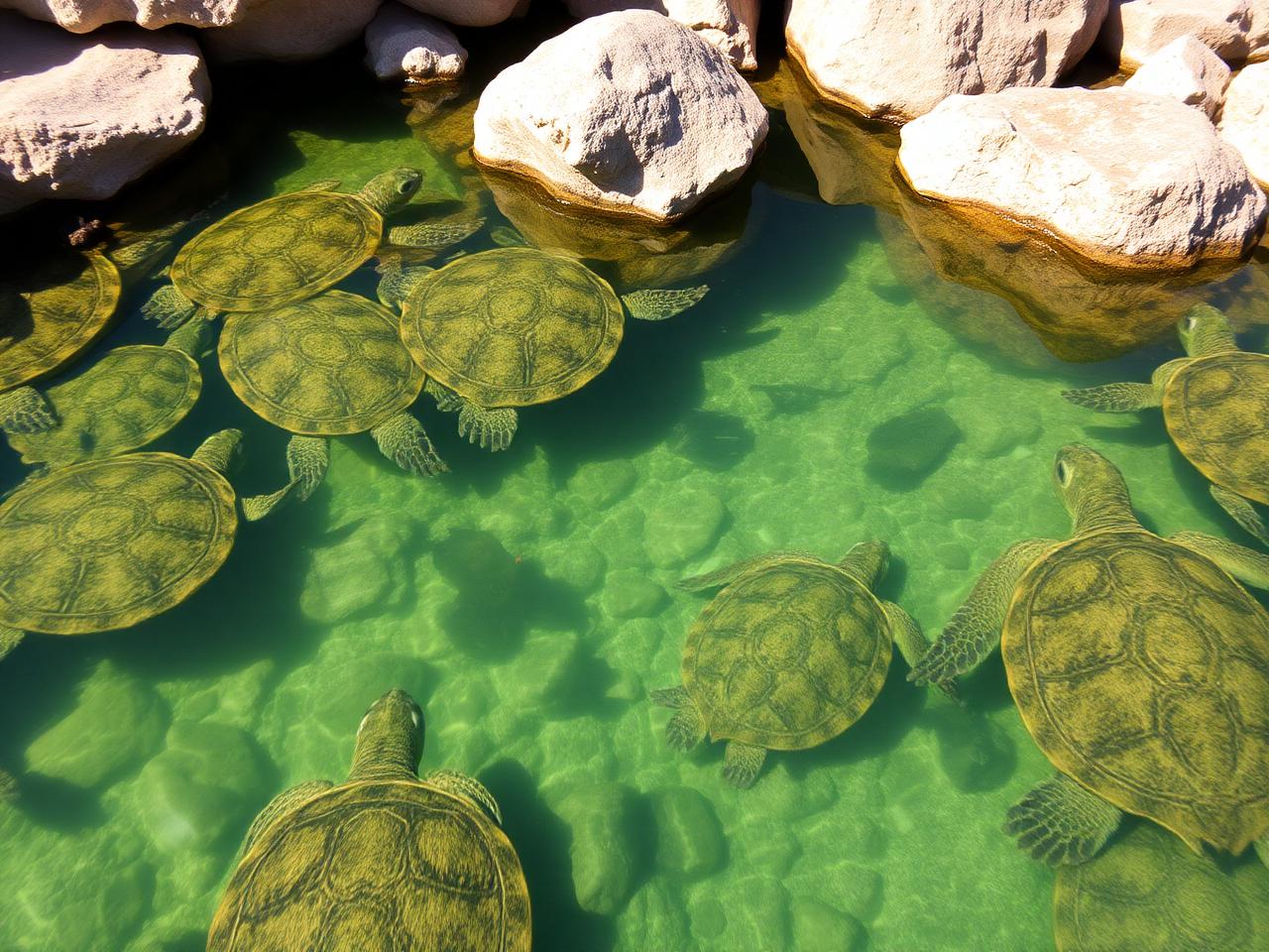 Salam Cave turtle sanctuary in Zanzibar: rescued green turtles swimming in the natural tidal pool